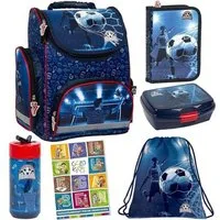 GOLDKIDS Schulranzen für Jungen - Schul-Rucksack für Kinder (mit Federmäppchen - Schuhbeutel, 1-tlg., und Hausaufgabenheft), Fußball Motiv - 1-3 Klasse