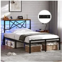 MSMASK Metallbett mit LED-Beleuchtung, Steckdose und 2 USB-Anschlüssen (Ohne Matratze), Bettgestell 90x200 cm in Braun mit Metall-Lattenrost