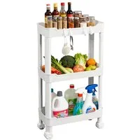 Ribelli Servierwagen Rollwagen 3 Ebenen, Küchenwagen schmal, Küchenregal mit 8 Haken, Servierwagen auf Rollen Kunststoff für Bad, Küche, Büro, Weiß/Schwarz