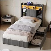 ADWOLT Polsterbett Doppelbett Stauraumbett Mit Stauraum (Packung), 90x200 cm,2 Schubladen,LED-Licht und USB + Typ-C,Leinenstoff-Grau