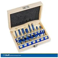 S&R Fräsbohrer HM, Holzfräs-Bits mit 8mm Schaft, Holzkoffer, geschmiedeter Stahl, (Set, 15-tlg), Schneidplatten aus HM, Fräser für Oberfräse in robuster Holzbox