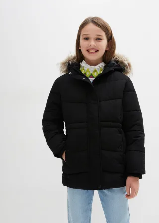 bonprix warm gefütterte Steppjacke mit Fellkapuze, schwarz, Gr.140/146, Wärmende Mädchen Winterjacke mit großer Kapuze