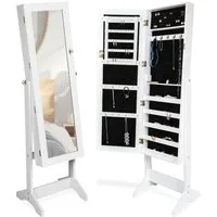 tectake Standspiegel Schmuckschrank mit Ganzkörperspiegel, mit Flocksamtauskleidung (Schmuckständer, in weiß), aufgeteilter Innenraum mit Haken, Schlitzen und Löchern, abschließbar