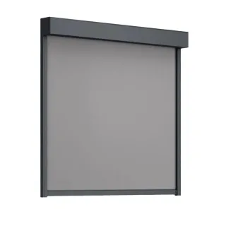 Außenrollo, eckig 90°, Anthrazitgrau ähnlich RAL 7016, 600 x 600 mm, Tuch Dunkelgrau, Antriebsart Basic, individuell konfigurieren