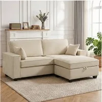 HOMCOM Ecksofa 3-Sitzer Couch mit Kissen, Set 1 Teile, Umkehrbarer Hocker mit Stauraum, Cord