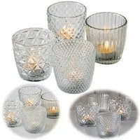 LS-LebenStil Teelichthalter 4´er Set Teelichtgläser Retro Weiß Klar 7cm Glas Windlicht (4´er Set Kristall Ornament Windlicht für Teelichter, 4 St., Halter Kerzenständer Tischdeko Kerzenhalter Gläser für Teelichter), 7x7cm, 4´er Set Kristall Ornament 