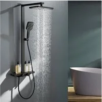 HOMELODY Duschsystem mit Thermostat und Glasablage in Schwarz Matt,Brausegarnitur, 3 Strahlart(en), Set, 12 Zoll Regendusche, 3-Funktions-Handbrause, PPA-Kupfer, Aluprofil