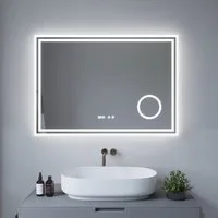 AQUALAVOS Badspiegel Badspiegel mit Beleuchtung Led Badezimmer mit Digitaluhr Lichtspiegel, mit Vergrößerung, Touchschalter, Energiesparend Kaltweißes Licht