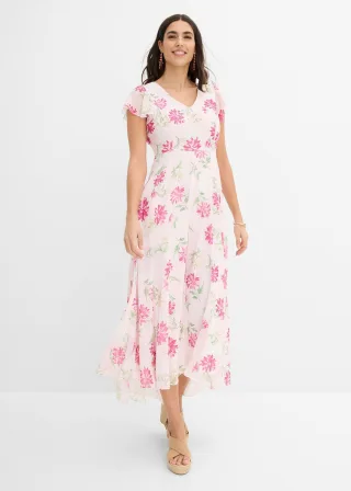 bonprix Jumpsuit mit V-Ausschnitt, rosa, Gr.36, Jersey-Overall mit fließendem Chiffon-Überwurf