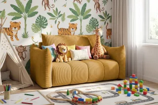 Sofa 2er-Sitzer mit Liegefunktion ONTARIO in Stoff Poso Senfgelb