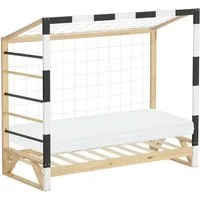ML-DESIGN Spielbett Kinderbett Fußballtor Holzbett mit Lattenrost Kletterleiter & Netz, Abenteuerbett 80x160cm Natur Handballtor aus Kiefernholz mit Matratze