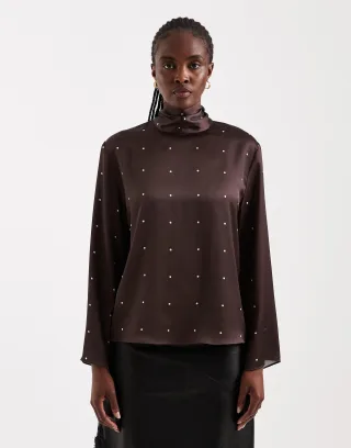 topshop - TSDAWLA LS SATIN SCARF TIE TOP WVN Chocolate Brown - Gr. - 38