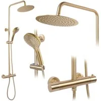 wohnwerk.idee Duschsystem Duschgarnitur mit Thermostat Gold Matt Gebürstet, 2 Strahlart(en)