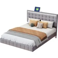 Flieks Polsterbett, LED-Beleuchtung Doppelbett Schwebebettrahmen 140x200cm Leinen
