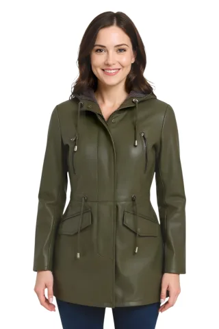 Grüne Parka-Jacke aus Leder mit Kapuze für Damen – Bukarest