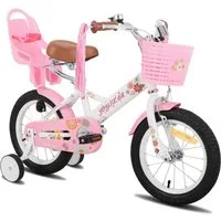 JOYSTAR Kinderfahrrad 12/14/16 Zoll fahrrad für 2-7 Jahre Mädchen, Geschenk für Prinzessin, Mit Puppensitz, Bändern, Stützrädern, Korb, süßen Kritzeleien