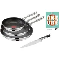 Tefal Pfannen-Set Jamie Oliver Cook Smart, Edelstahl 18/10 (Set, je 1 Pfanne 20/24/28 cm, 1 Kochmesser), stilvolle Edelstahl-Pfannen, inkl. Kochmesser, Rezeptbuch