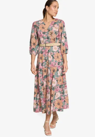 zero - Blumenkleid Maxi mit Gürtel rosé/green - Gr. - 34