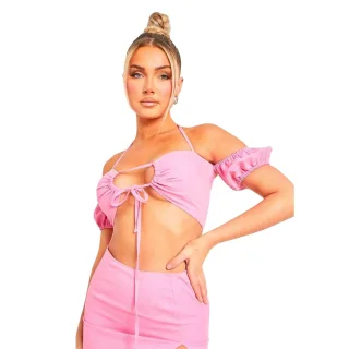 Missy Empire - Kurzes Top für Damen, Vorne gebunden, Leinen (Pink)