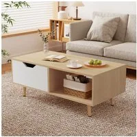 Lexzurn Couchtisch Couchtisch, Kaffeetisch, Sofatisch mit Schubladen (106 x 58 x 39,5 cm), und offenen Ablagefächern, Wohnzimmertisch, Weiß+Naturholz