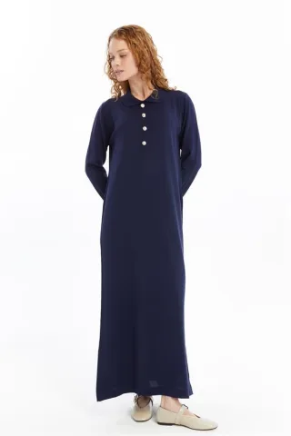 Damen Hemd Kragen Detailed Halbplacket Thin Seasonal Cold Yarn Strickwaren Kleid Marineblau