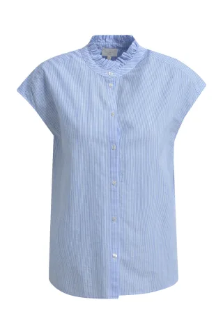 Milano Italy - sleeveless blouse w rufflle stand up collar + placket azur print - Gr. - 42