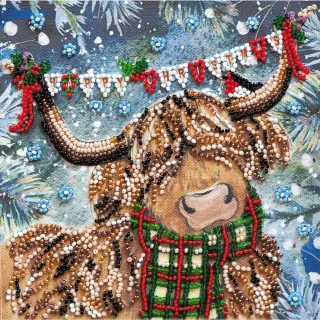 Perlen-Stickbild "Highland Kuh Weihnachten", 15 x 15 cm