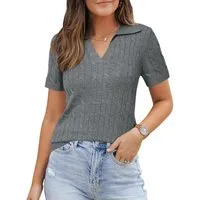 Arach&Cloz Poloshirt Damen Wollmischung Poloshirt Kurzarmpullover Strickpullover Volltonfarbe V-Shirt Tops Business Casual Kurzarmshirt Wollpullover