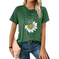 PYLIKE Print-Shirt Bequemes Shirt Damen Kurzarm Basic-Shirt mit Gänseblümchen Print Bequem für Freizeit und Büro,Strandurlaub