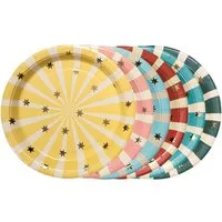 partydeco Teller, Pappteller 18cm mit Streifen und Sternen 6er Set Farbmix / Gold