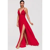 OMBRE Abendkleid Abendkleid Maxi mit V-Ausschnitt elegant Rot S (kein Set, 1-tlg) hoher Schlitz