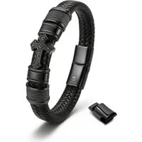 UNIQAL.de Lederarmband GLORY mit Kreuz – handgeflochtenes Echtleder & Edelstahl (Magnetverschluss mit Verlängerungsglied, edles unisex Geschenk, Handgefertigt), Premium Qualität & deutsches Design