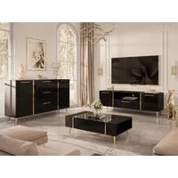ALLHOUSE24 Wohnzimmer-Set DIAMANT Schwarz Hochglanz GOLD Metallfüßen Wohnzimmer Möbel SET, (3-St), Das Set besteht aus: Kommode, TV Schrank, Couchtisch