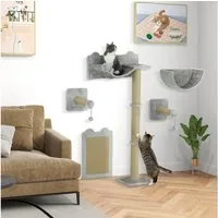 PawHut Katzen-Kletterwand 5 tlg. mit Kratzpfosten, Hängematte, Sprungplatt, für Katzen bis 5 kg, Polyester, Hellgrau