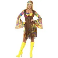 Smiffys Hippie-Kostüm Hippie Kostüm Kleid Karneval Faschingskostüm Damen, Peace, Love und bunte Farben