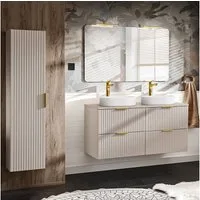 Lomadox Badmöbel-Set ADELAIDE-56-CASHMERE, (Spar-Set, 3-St., Hochschrank Doppelwaschtisch Spiegel Waschbecken Beleuchtung), 120cm Waschtisch mit Aufsatzwaschbecken, kaschmir