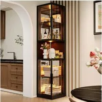 Flieks Eckvitrine Glasvitrine mit LED-Beleuchtung und Glastüren, verspiegelter Rückwand (1-St., 42x44x205 cm) Standvitrine mit 5 Fächern Eckschrank Hochschrank für Sammler Schwarz