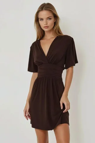 V-Ausschnitt Kurzarm Mini-Kleid