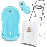 Babykajo Babybadewanne mit Ständer, (Set, 5-tlg), Babywanne mit Gestell, Sitz, Schlauch und Wickelauflage - TÜV geprüft