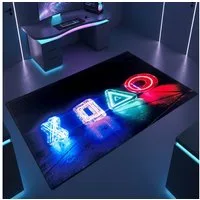 TeppichHome24 Teppich Gaming Teppich mit neonfarbigen Symbolen, rechteckig, pflegeleicht, gleichmäßige Oberfläche, für Fußbodenheizung geeignet