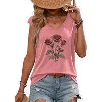 PYLIKE V-Shirt Bequemes Shirt Damen Ärmellos Sommer Basic-Shirt mit Rose Print Bequem für Freizeit und Büro,Strandurlaub