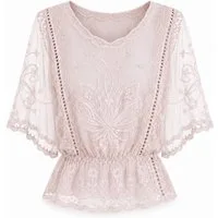 ITALY VIBES Spitzenbluse - Damen Spitzenbluse mit Lochstickerei, Boho Sommerbluse, Kurzarm ONE SIZE, passend für Größe XS bis L