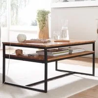 FINEBUY Couchtisch FB67631 Akazie Massiv 100cm rechteckig Wohnzimmertisch Loft Design (Wohnzimmertisch Rechteckig, Kaffeetisch Stauraum), 100x60x45 cm Akazie Massivholz / Metall, Sofatisch