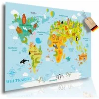 Lineo Poster Weltkarte für Kinder Lernbild 60x42 cm bunt, XXL Poster Kinderzimmer für Jungen & Mädchen mit Tieren & Kontinenten