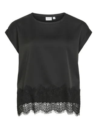 VILA - VIELLETTE S/S FULL SATIN LACE TOP - NOOS Schwarz - Gr. - 38