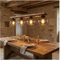 GLOBO LIGHTING Pendelleuchte, Leuchtmittel nicht inklusive, Hängelampe Wohnzimmerleuchte 4 Flammig Eichenholz Glas rauch L 120 cm