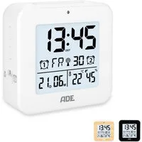 ADE Funkwecker Wecker digital funk mit Temperatur und Luftfeuchtigkeit Wecker mit Licht, 2 Weckzeiten & Schlummerfunktion, inkl. Batterien