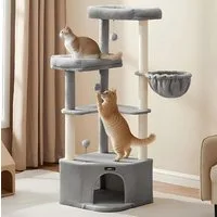 FEANDREA Kratzbaum für Raumecke, Katzenbaum mit großer Kuschelhöhle, mehr Stabilität, 140,7/150 cm