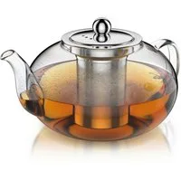 Arendo Teekanne mit Teesieb für losen Tee, Kräuter- & Früchtetee, Glas Teebereiter, 1,2 l, (Set, Glaskanne, Teefilter), Hitzebeständig, feinmaschiges Edelstahlsieb, spülmaschinengeeignet