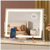 SONGMICS Schminkspiegel mit Beleuchtung, Kosmetikspiegel Touch-Steuerung, dimmbar, Handyhalter, verstellbares LED-Licht, mit USB-A und USB-C, 58 x 43 cm